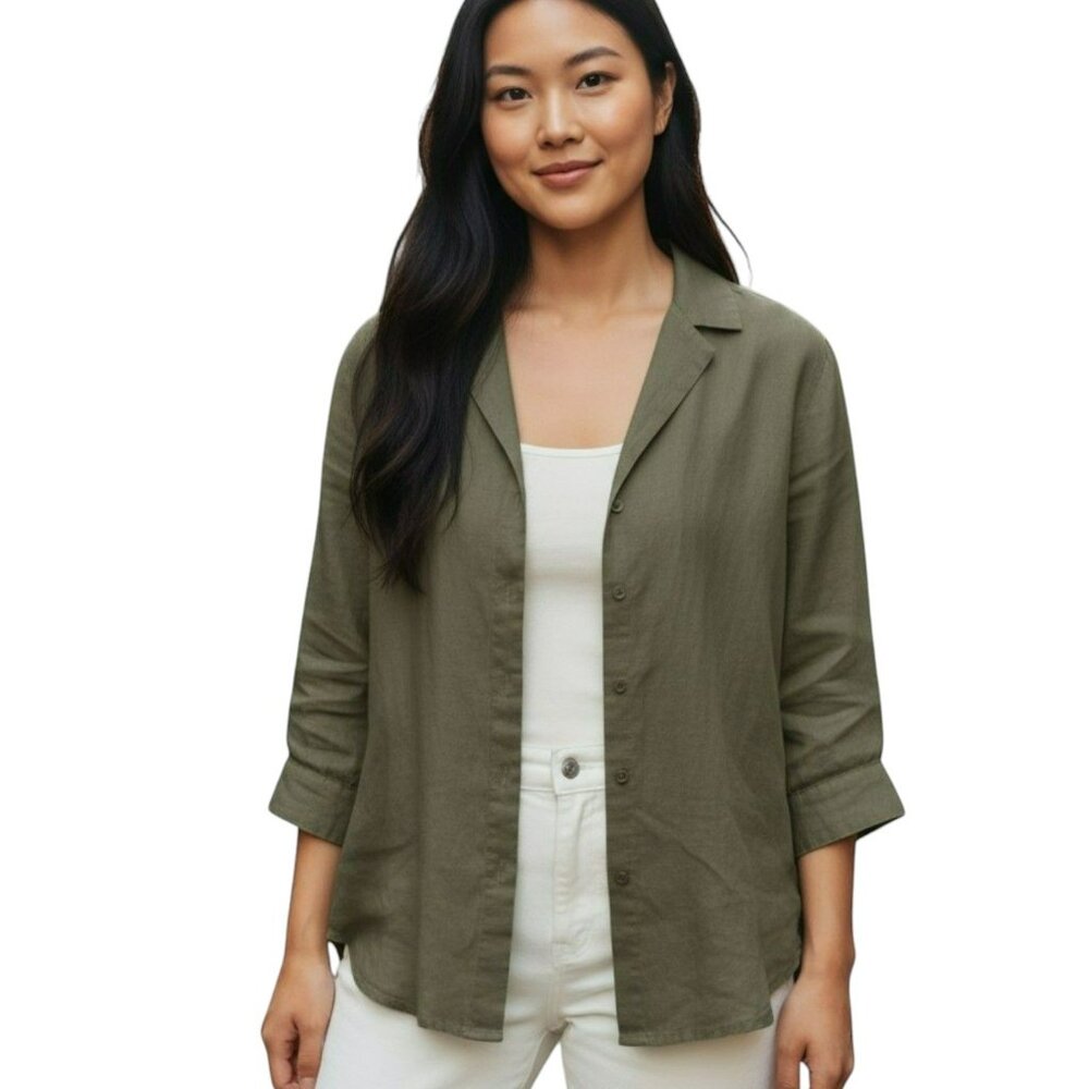 Max Studio Olive Green 100% Linen Camp Collar Button-Down Shirt Jacket - Size M